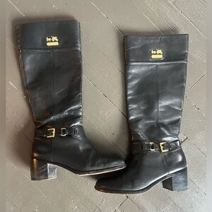 Coach Sapphire Vintage Black Leather Heeled Boots with Gold Accents
